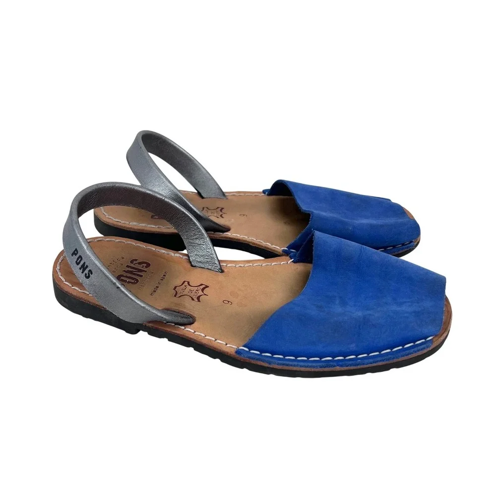 Pons Avarca Menorca Blue Suede Silver Metallic Slingback Sandals Spain Womens 9 - Picture 5 of 9